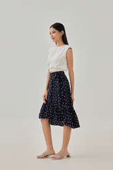 Antonina Printed High-Low Wrap Skirt in Navy Blue